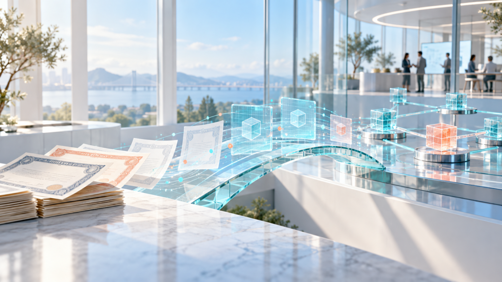 Títulos financeiros representados em uma rede digital distribuída.