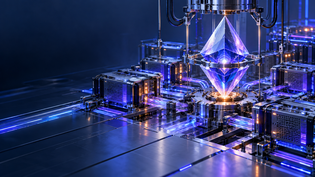 Cristal digital e trilhas de dados representam a atualização do protocolo Ethereum.