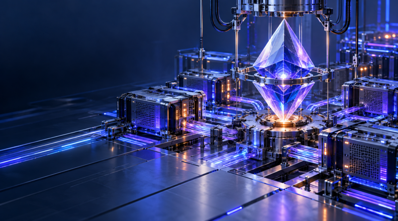 Cristal digital e trilhas de dados representam a atualização do protocolo Ethereum.