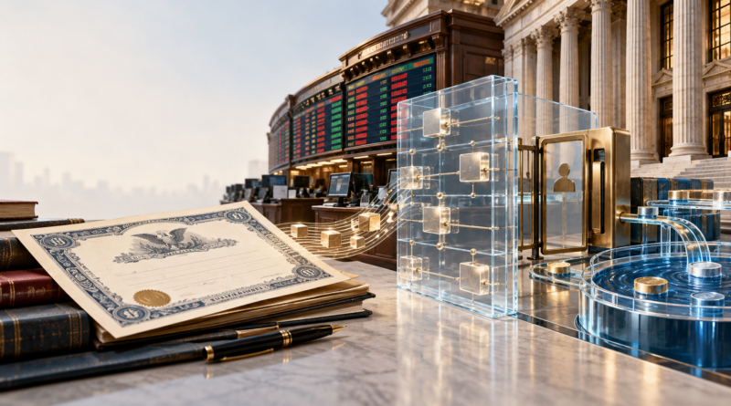 Ações representadas por tokens conectadas a pools digitais e infraestrutura de mercado.