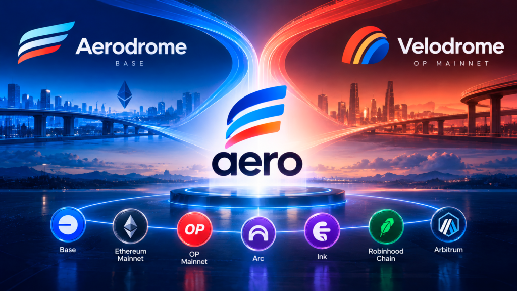 Ilustração da unificação das exchanges Aerodrome e Velodrome no novo protocolo Aero, que será lançado em sete redes blockchain em 21 de outubro de 2026.