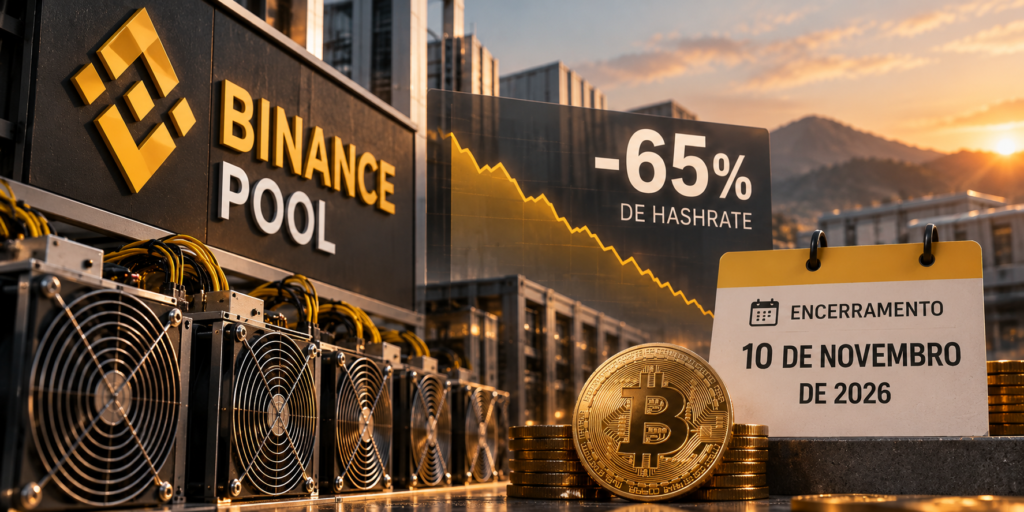 Ilustração de equipamentos de mineração de Bitcoin com referências à Binance Pool, que encerrará suas operações em novembro de 2026 após queda de aproximadamente 65% no poder computacional.