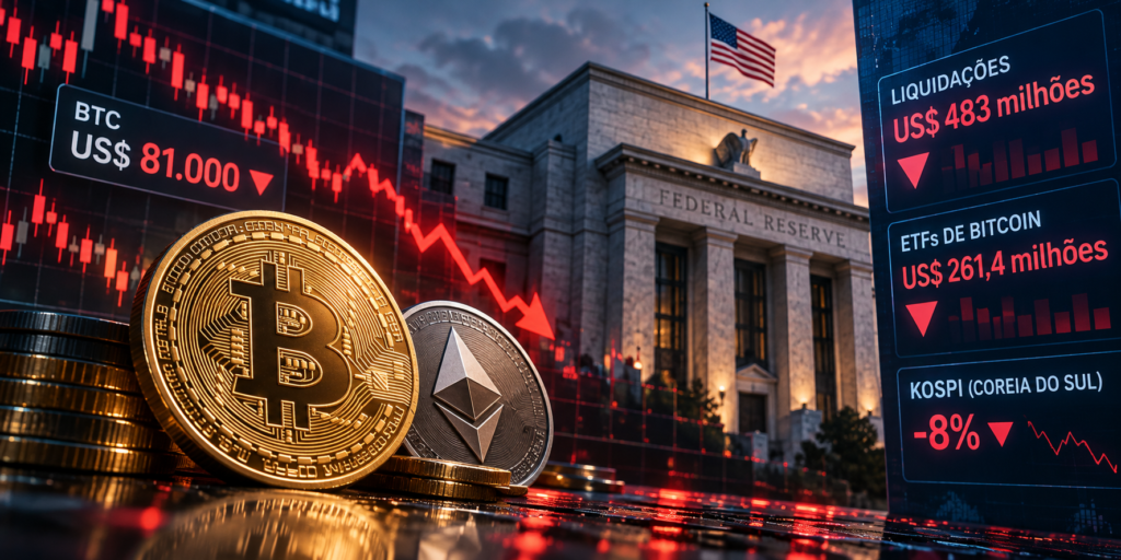 Bitcoin em queda abaixo de US$ 81 mil, em meio a liquidações de US$ 483 milhões em contratos futuros de bitcoin e ether e incertezas sobre os juros dos Estados Unidos.