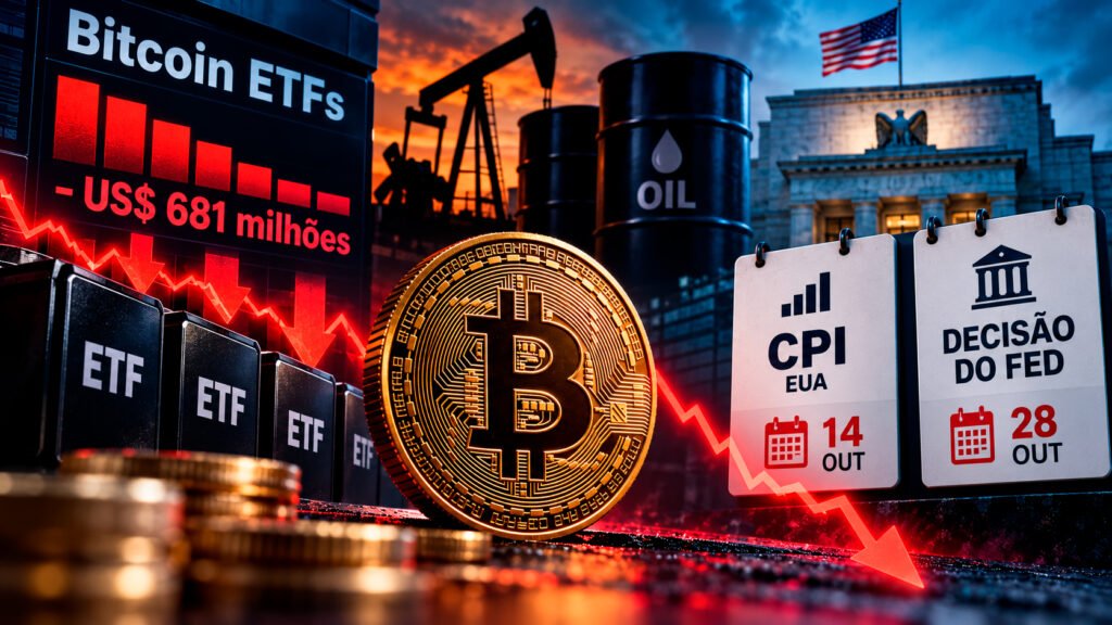 Bitcoin em queda após saída de US$ 681 milhões dos ETFs, com investidores atentos à inflação dos EUA e à decisão do Fed.