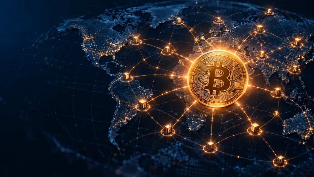 Moeda Bitcoin conectada por linhas luminosas a vários computadores independentes, representando uma rede de pagamentos digitais.