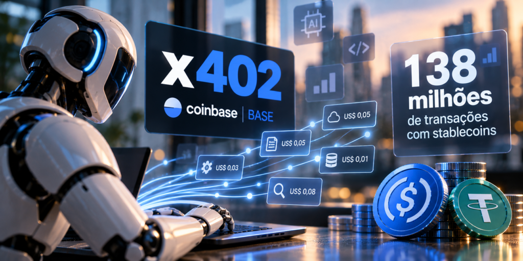Ilustração de inteligência artificial realizando micropagamentos com stablecoins por meio do protocolo x402, desenvolvido pela Coinbase na blockchain Base.