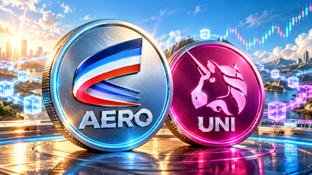 AERO e UNI em moedas ilustradas diante de um gráfico de mercado em alta.