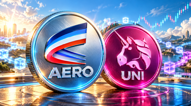 AERO e UNI em moedas ilustradas diante de um gráfico de mercado em alta.