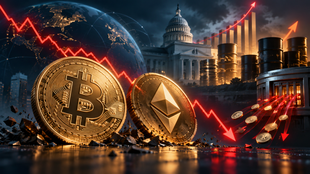 Moedas de Bitcoin e Ether diante de gráficos de inflação e queda do mercado, após alta da inflação nos EUA.