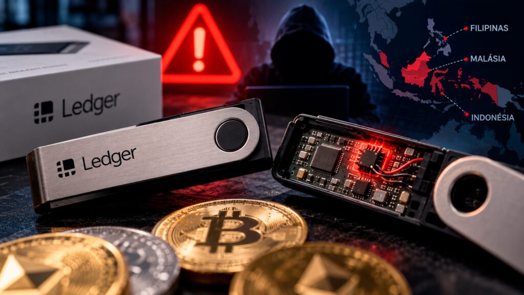 Carteira de hardware Ledger com circuito eletrônico adulterado, ilustrando investigação sobre roubo milionário de criptomoedas no Sudeste Asiático.